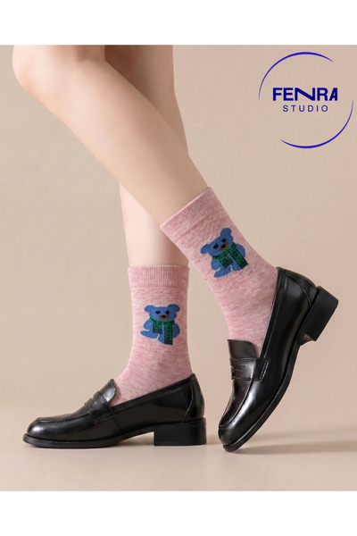FENRA STUDIO Women's Cotton Teddy Bear Patterned Cute Socks in Grayish Pink