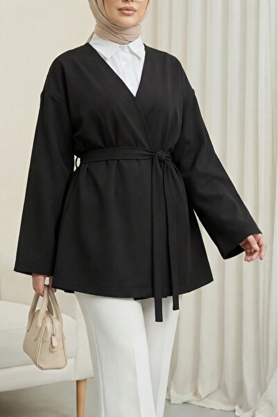 Modamorfo Beli Kuşaklı V Yaka Scuba Kimono -siyah