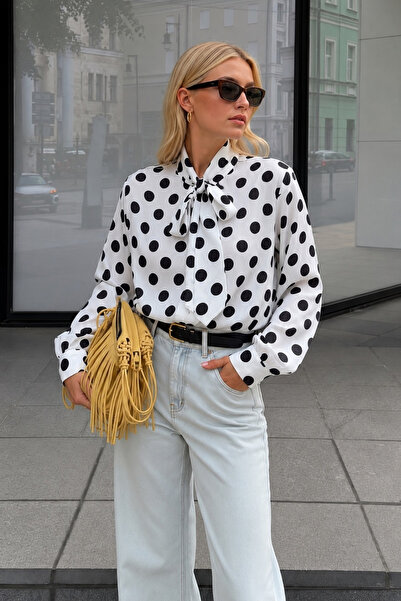 Black Fashion Puantiye Desen Fular Detay Beyaz Gömlek