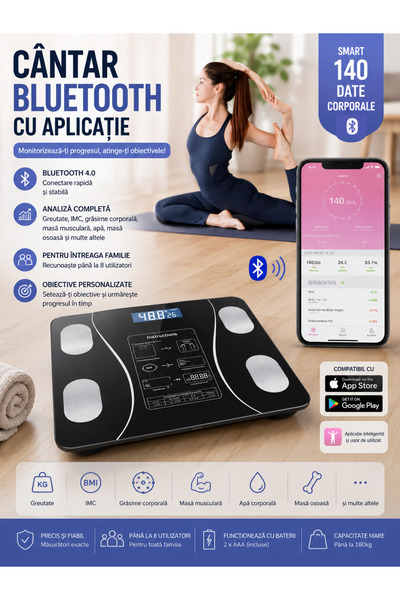 OEM HomeRoy – Cântar Inteligent cu Bluetooth și Analiză Corporală 26×26cm