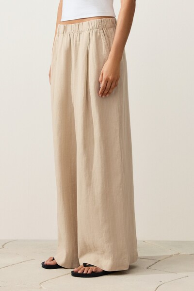 Oysho 100% linen wide-leg striped trousers