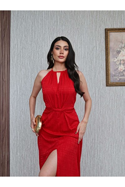 ESRAHELVACI Red Waist Tie Slit Dress