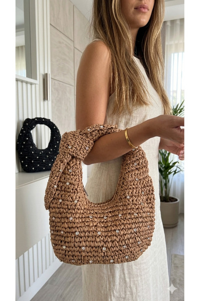 WOMANBAG MİNİ TAŞLI EL YAPIMI HASIR OMUZ ÇANTASI(43x30cm)