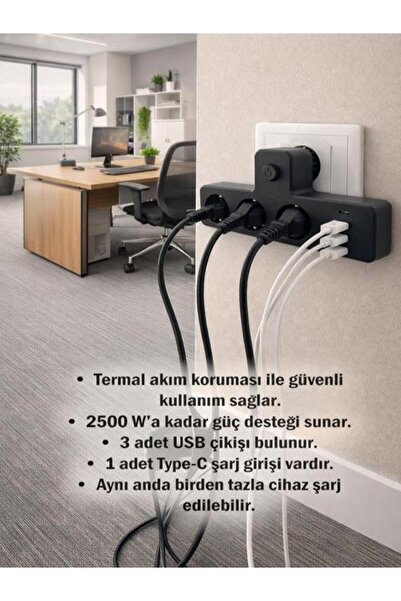 CAILON Çoklu Kablolu Priz Yüksek Gerilim Korumalı 3'LÜ Priz 3X USB 1X Type-C ...