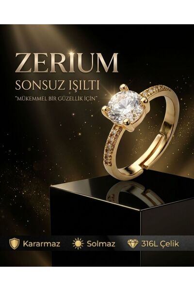ZERİUM Ayarlanabilir Kadın Çelik Tektaş Yüzük Altın Kaplama Lüks Seri