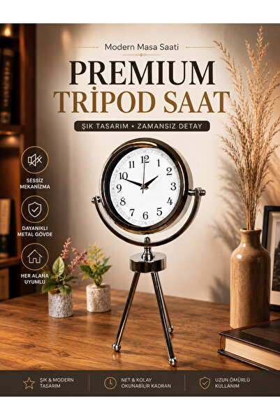 Genel Markalar Krom Metal Mini Tripod Dekoratif Masa Saati 45×26 cm