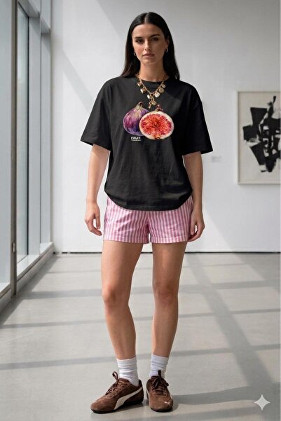 NO 601 Tricou de damă negru cu imprimeu supradimensionat cu figuri largi