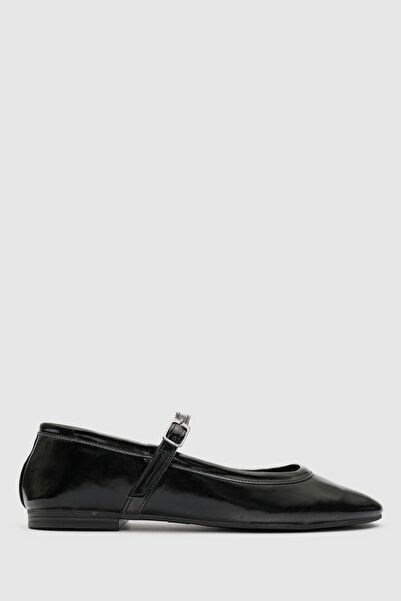 TOGO Black Genuine Leather Women's Ballet Flats with Straps [060259]