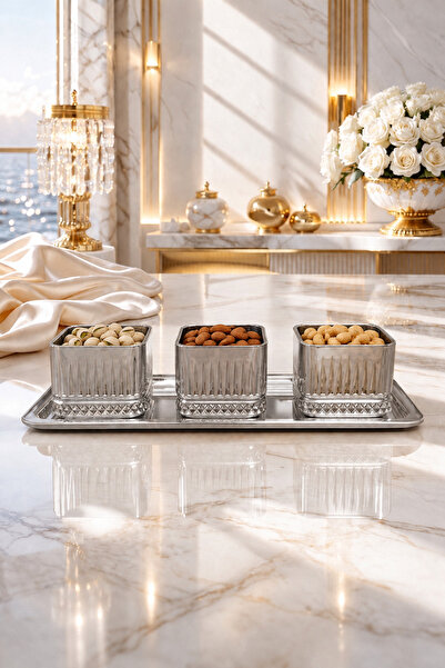 rova tr – 3-Piece Glass Snack Bowl + 1 Stainless Steel Tray |   Stylish Prese...