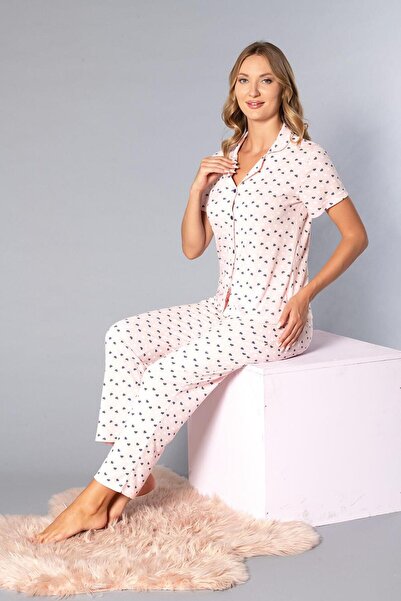 Poppy Buttoned Short Sleeve Shirt Pajama Set - Summer Heart Pattern Soft Mila...