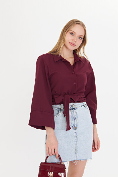 THIFF GYMWEAR Kadın Bordo Geniş Manşetli Kol Detaylı Önü Bağlamalı Poplin Gömlek