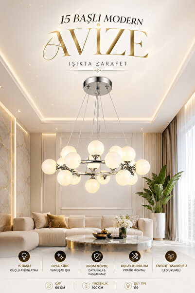 Elvora Home Modern (PREMİUM) 15'Lİ Avize Krom Gövde Opal Küre Salon Mutfak Ay...