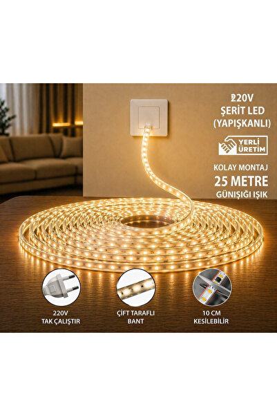 İsra 25 Metre Günışığı 3 Çipli Şerit Led Işık Hortum Led Aydınlatma Dış Mekan...