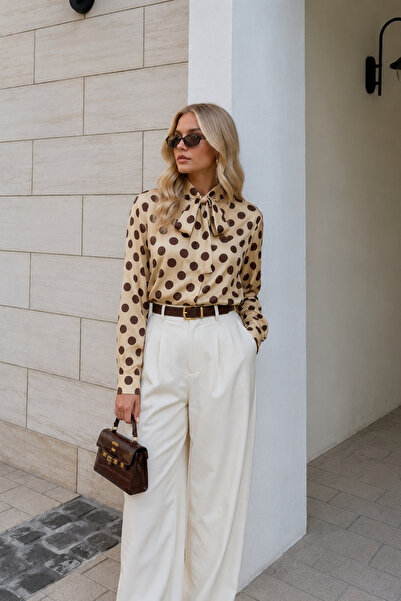 Black Fashion Puantiye Desen Fular Detay Sarı Gömlek