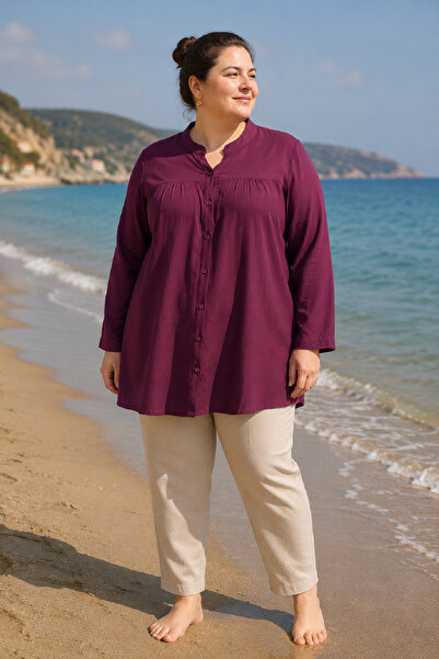 ARPATİ Large Size Buluz Jile Cloth in Plum Color, Hakim Collar, Front Buttone...