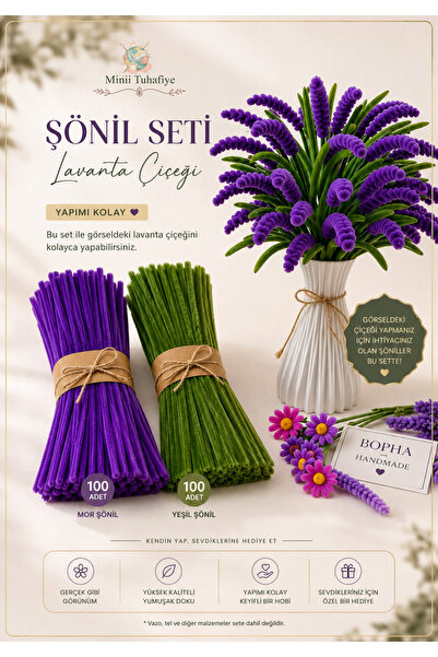 Minii Tuhafiye DIY Chenille Lavender Flower Making Kit - 100 Purple + 100 Gre...