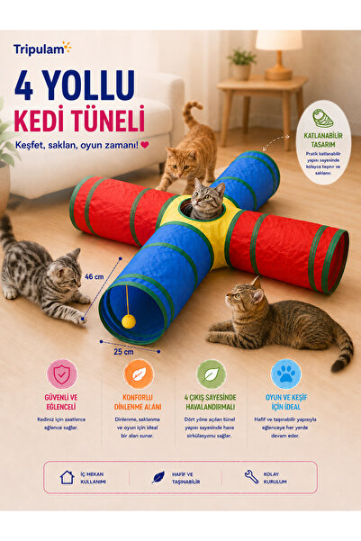 TRİPULAM 4 Yollu Kedi Oyun Tüneli – Renkli Çok Çıkışlı Eğlence & Saklanma Ala...