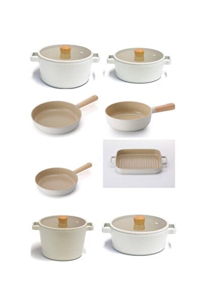 NEOFLAM Fika Alüminyum Döküm 12 Parça Bej Cam Kapaklı Tencere Tava Seti