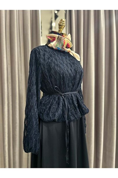 Modario Shoulder Pad Tex Silvery Satin Skirt Suit - Navy Blue - 42