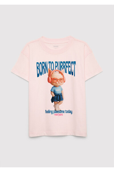 Mavi Rosafarbenes T-Shirt mit Katzen-Print, lockerer Schnitt / bequemer Schni...