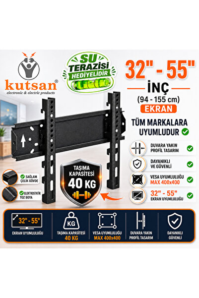 Kutsan 50" Inç 127 Ekran Lcd Tv Sabit Duvar Askı Aparatı + Su Terazili