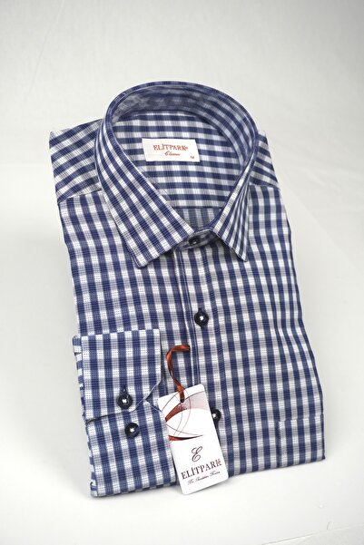 elitpark Navy Blue Plaid Cotton Men's Shirt