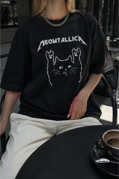Carpe Siyah Meowtallica Oversize T-shirt
