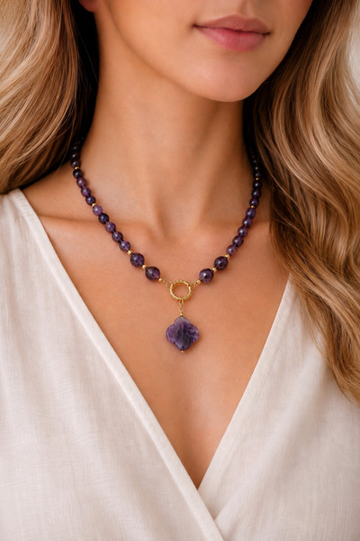 Camellie KY Jewels Améthyste Clover | Doğal Taş Ametist Altın Kaplama Yonca T...