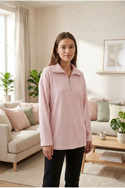 U&ME Yarım Fermuar Dik Yakalı Fitil Dokulu Yumuşak Triko Kadın Sweatshirt Şık ve Rahat Günlük Üst To