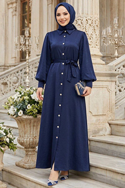 N.S NEVA STYLE فستان إسلامي أزرق داكن بأزرار 10642L