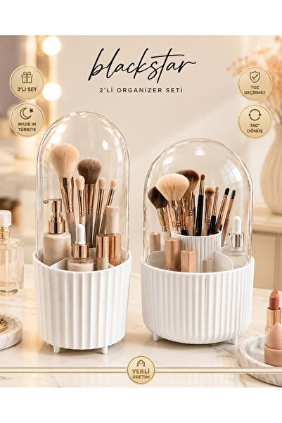 360 Rotatable Makeup Organizer and Brush Organizer with Transparent Lid Set of 2 White