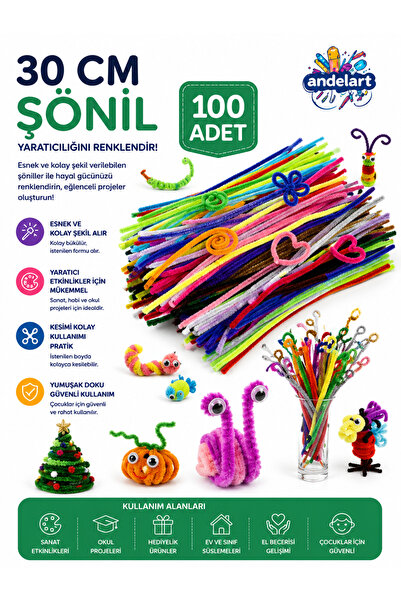 andelart Şönil Renkli 30 Cm 100'li Paket 30 Cm Renkli Tüylü