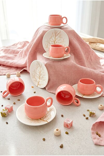 Erbaşlar Tree of Life Pink 6-Person Coffee Cup Set, Cup Set