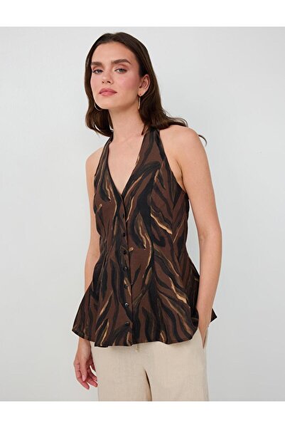 Jimmy Key Bitter Brown Linen Blend Halter Neck Patterned Blouse