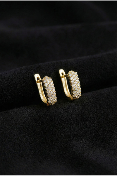 Roza Silver 925 Ayar Zirkon Taşlı Gold J Klips Minimal Gümüş Küpe