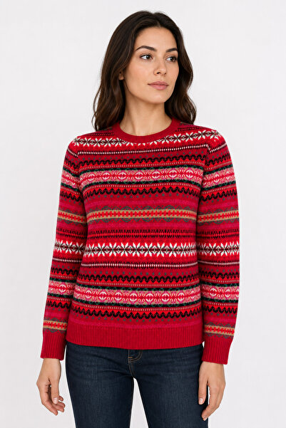 Desen Triko Women's Crew Neck Complete Jacquard Wool Sweater Dark Red