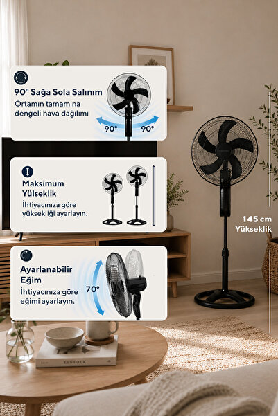 KUMTEL KTF-395 Siyah 18 İnç Ayaklı Vantilatör 60 W, 5 Pervaneli, 3 Kademeli, 145 cm Yükseklik