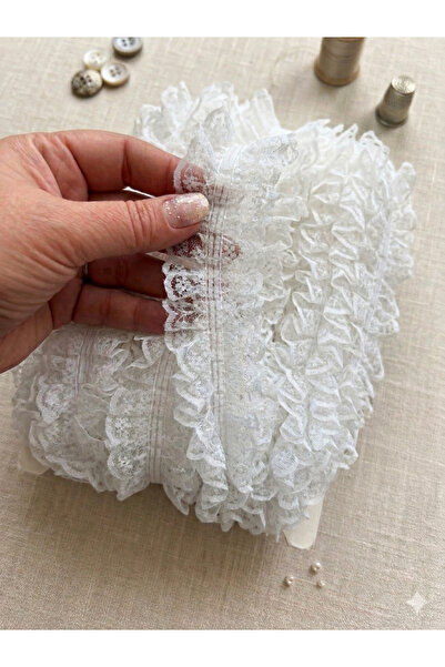 Deniz Party Store Büzgülü Beyaz Çift Taraflı Dantel Fırfır 4 cm 1 Metre
