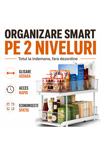 iTin Organizator Glisant 2 Niveluri pentru Dulap si Sub Chiuveta, Alb Transpa...