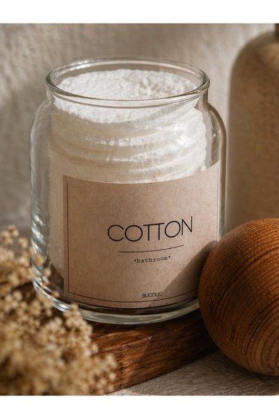 BUCOLIC Set of 2 Glass Cotton Containers with Wooden Ball Lids – with Wooden Stand |   Vintage Label (Cotton & Cotton Bud)