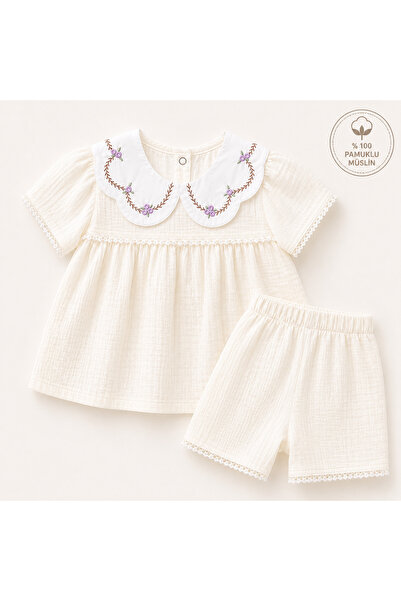 babymilk NAKIŞLİ PAMUKLU KIZ ÇOCUK MÜSLİN TAKIM