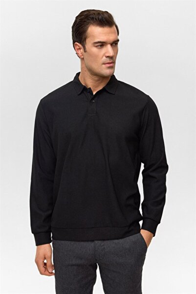 SÜVARİ Siyah Regular Düz Fermuarlı Polo Yaka Sweatshirt