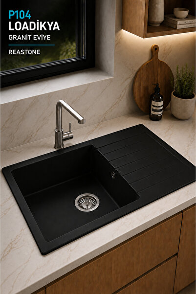 RealStone LOADİKYA 86 XL Siyah Granit Mutfak Eviyesi 86X50 cm