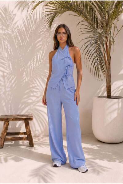 HerTon Women's Striped Halter Neck Pants Set – Stylish Two-Piece Set with Tie...