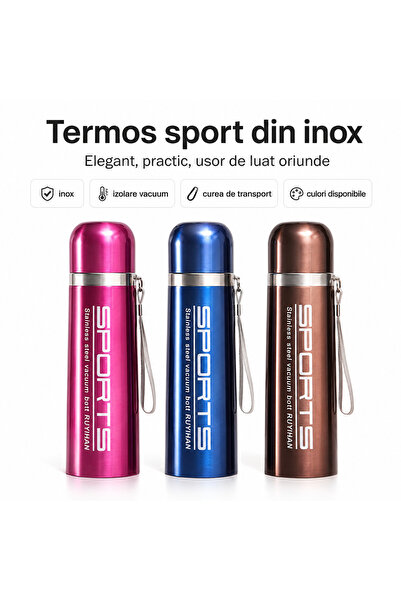iTin Termos din Otel Inoxidabil cu Izolatie Vacuum, Perete Dublu, 500 ml, Cap...