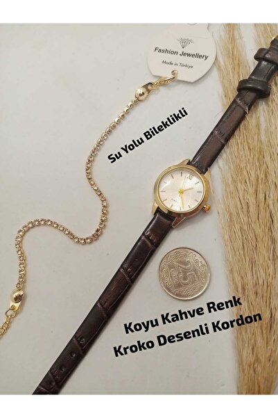 Brality Minimal Yuvarlak Tasarım- Koyu Kahve Renk Kordon- Gold Renk Kasa, Bey...