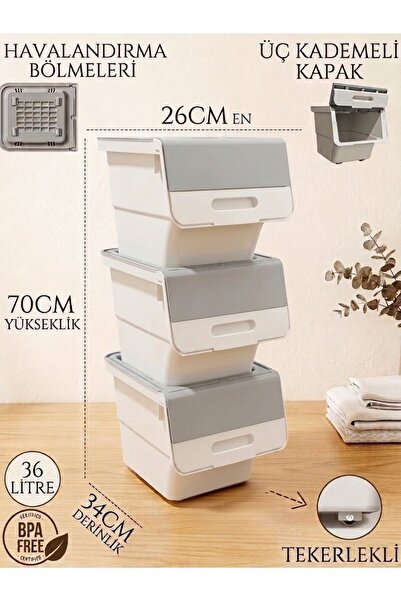 Mulina Home 3'lü Gri Beyaz Patateslik Soğanlık & Çok Amaçlı Sepet 36Lt