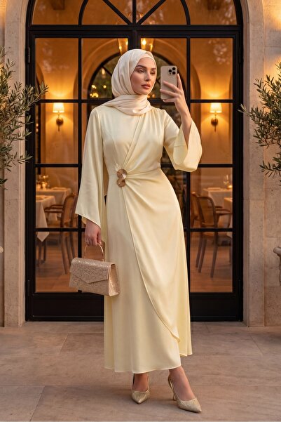 Modamorfo Buckle Detailed Double Layered Asymmetrical Sleeve Satin Evening Dr...