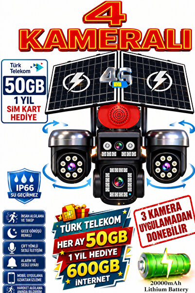 TRCharger 4 Kameralı (3 Motorlu + 1 Sabit)12MP 4G Solar Kamera AOV 7/24 Kayıt...