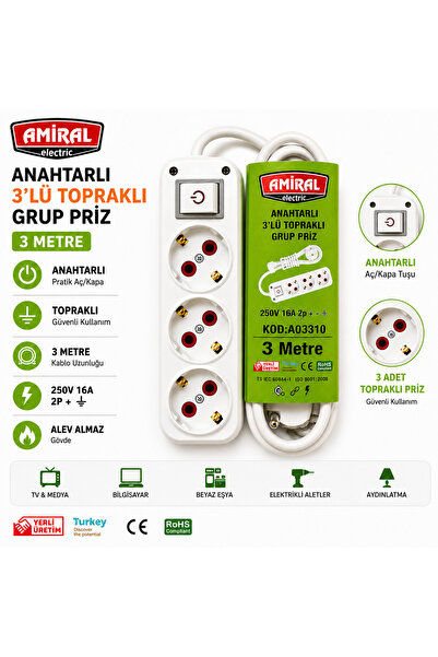 Amiral electric Topraklı Ara Kablosu Grup Priz Anahtarlı 3 metre Kablolu Üçyol